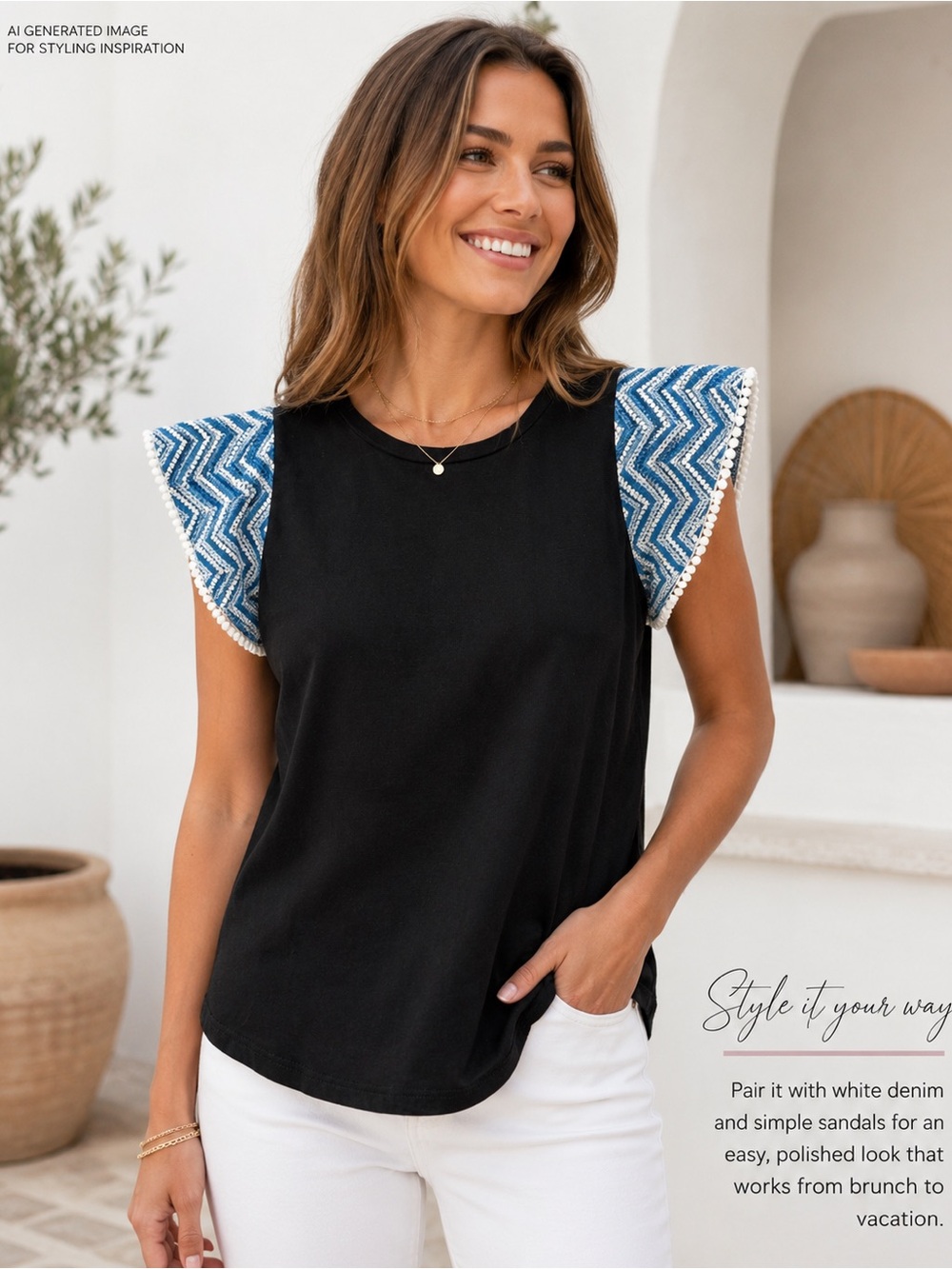 THML Black Embroidered Flutter Sleeve Top Blue White Size M